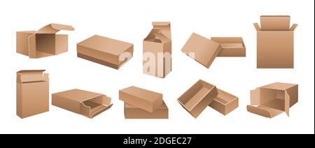 Box 3D mockup realistico cartone set. Confezione cartacea aperta, chiusa, design o branding. Template vuoto realistico confezione di prodotti confezione regalo raccolta. Vettore per medicina, cibo, cosmetica Illustrazione Vettoriale