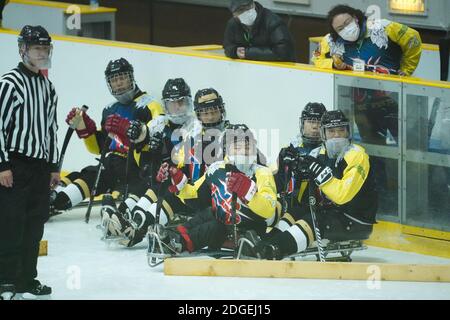 Okaya, Nagano, Giappone. 5 dicembre 2020. Tokyo Iceburns team group, 5 dicembre 2020 - Para Ice Hockey : Tokyo Iceburns 3-1 Rospada Kansai al Yamabiko Skating Complex Ice Arena durante i Campionati 2020 di Para Ice Hockey Japan Club Team a Okaya, Nagano, Giappone. Credit: SportsPressJP/AFLO/Alamy Live News Foto Stock