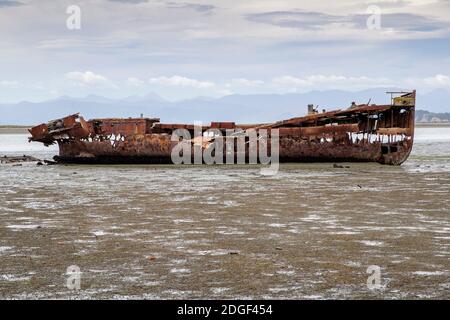 I resti arrugginiti del naufragio Janie Seddon sul litorale di Motueka, Nelson Tasman, Nuova Zelanda sabato 21 novembre 2020. Foto Stock