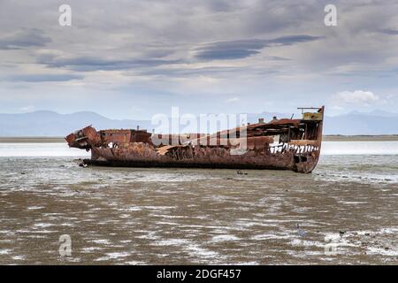 I resti arrugginiti del naufragio Janie Seddon sul litorale di Motueka, Nelson Tasman, Nuova Zelanda sabato 21 novembre 2020. Foto Stock