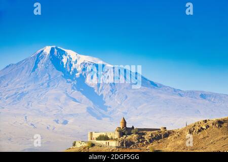 Chor Virap monastero nella parte anteriore del monte Ararat, Ararat provincia, Armenia Foto Stock