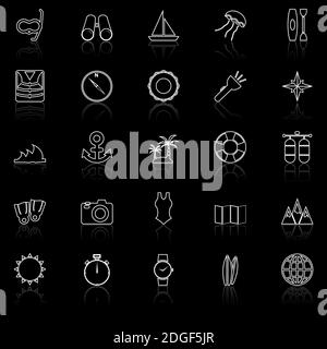 Icone delle linee di immersione con riflessione su sfondo nero, vettore stock Illustrazione Vettoriale