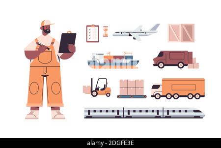 insieme di trasporto logistico di diversi mezzi di trasporto e deliveryman in uniforme illustrazione vettoriale isolata orizzontale del concetto di servizio di consegna rapida Illustrazione Vettoriale