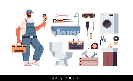 riparatore professionista con martello di tenuta uniforme e diverse icone di cassetta degli attrezzi impostare il concetto di servizio di riparazione manutenzione a casa a lunghezza intera orizzontale isolato illustrazione vettoriale Illustrazione Vettoriale