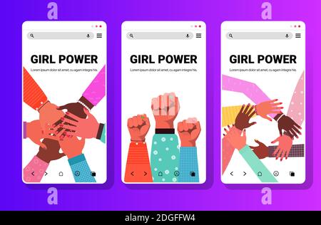 impostare le mani del gruppo misto di donne che si riuniscono movimento femminile di empowerment girl power union of femminists concept smartphone immagine vettoriale dello spazio di copia della raccolta schermate Illustrazione Vettoriale