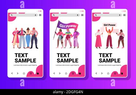 set mix corsa ragazze attivisti tenendo manifesti movimento emancipazione femminile le donne power concept smartphone schermi raccolta intera lunghezza orizzontale vettore illustrazione Illustrazione Vettoriale