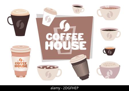 impostare diverse tazze di caffè raccolta concetto di casa di caffè vettore orizzontale illustrazione Illustrazione Vettoriale