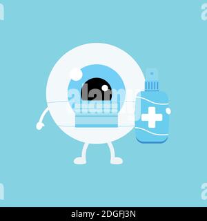 Carino bulbo oculare con maschera medica e antisettico isolato su sfondo. Illustrazione Vettoriale