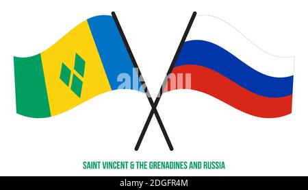 Saint Vincent e Grenadine e Russia Bandiere incrociate e ondeggianti stile piatto. Proporzione ufficiale. Foto Stock