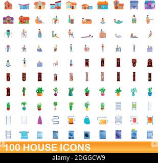 set di 100 icone della casa. Illustrazione cartoon di 100 case icone vettore insieme isolato su sfondo bianco Illustrazione Vettoriale