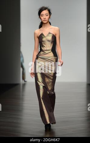Un modello indossa un disegno di Zoe Jordan durante la sfilata di passerella autunno/inverno 2013 come parte della London Fashion Week alla Somerset House, Londra. Foto Stock