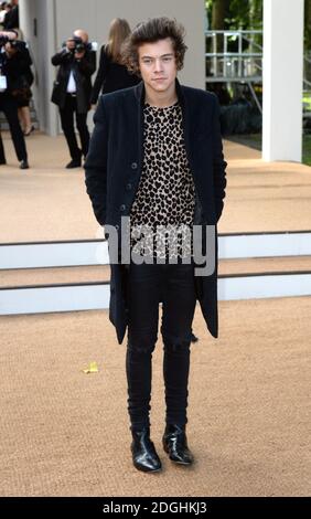 Harry Styles arriva allo spettacolo della passerella Burberry Prorsum S/S 2014, parte della London Fashion Week, Primavera Estate 2014, Hyde Park. Foto Stock