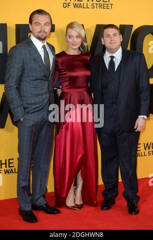 Leonardo Dicaprio, Margot Robbie e Jonah Hill arrivano al Wolf of Wall Street UK Premiere, Odeon Cinema, Leicester Square, Londra. Foto Stock