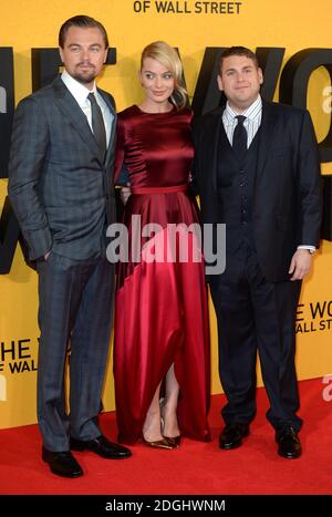 Leonardo Dicaprio, Margot Robbie e Jonah Hill arrivano al Wolf of Wall Street UK Premiere, Odeon Cinema, Leicester Square, Londra. Foto Stock