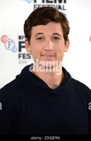 Miles Teller partecipa al Whiplash Photocall durante il 58th BFI London Film Festival al May Fair Hotel di Londra. Foto Stock