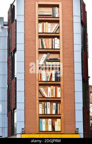 Una libreria con libri enormi che sono 2 metri di altezza e 1.5 metri di larghezza appare sulla parete esterna di un edificio nella città di Chongqing, Cina, 4 novembre 2 Foto Stock