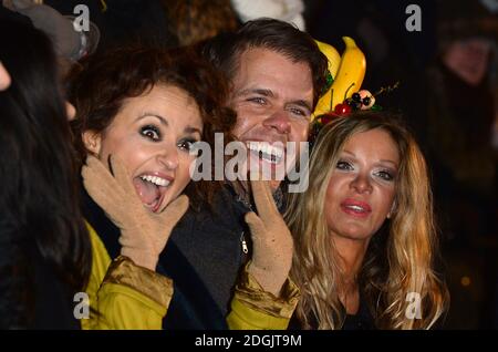 Ex-house Nadia Sawalha, Perez Hilton e Alicia Douvall in pubblico durante la finale di Celebrity Big Brother 2015 presso gli Elstree Studios di Borehamwood. Foto Stock