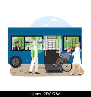 Giovane donna che aiuta l'uomo disabile in sedia a rotelle a salire a bordo di un autobus urbano utilizzando la rampa di accesso per sedia a rotelle, illustrazione vettoriale piatta Illustrazione Vettoriale