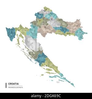 Croazia higt mappa dettagliata con suddivisioni. Mappa amministrativa della Croazia con il nome di distretti e città, colorata per stati e distretto amministrativo Illustrazione Vettoriale