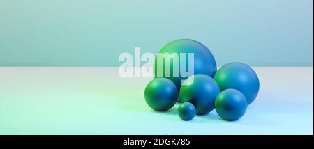 Sfere rotonde astratte, globi o palle in interni realistici di studi digitali, rappresentazione grafica di cgi, rappresentazione di sfondo di sfondo, verde, blu Foto Stock