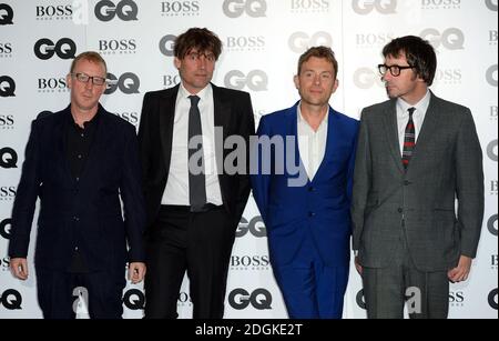 (Da sinistra a destra) Dave Rowntree, Alex James, Damon Albarn e Graham Coxon di Blur partecipano al GQ Men of the Year Awards 2015 tenutosi presso la Royal Opera House di Bow Street, Londra Foto Stock
