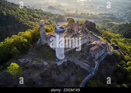 Francia, alta Loira (43), Bas-en-Basset, Castello di Rochebaron, Valle della Loira, (vista aerea) Foto Stock