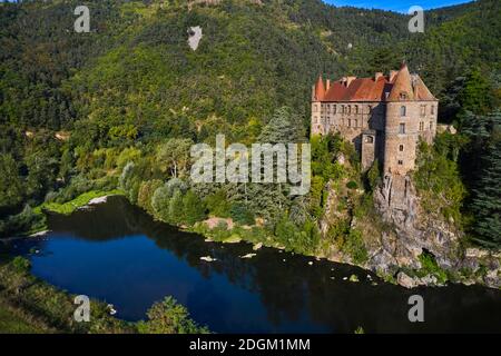 Francia, alta Loira (43), Lavoûte-sur-Loire, Castello di Lavoûte-Polignac, Valle della Loira (veduta aerea) Foto Stock