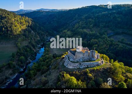 Francia, alta Loira (43), Goudet, castello di Beaufort costruito intorno al 1200, Valle della Loira (vista aerea) Foto Stock