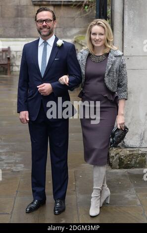 James Murdoch e la moglie Kathryn Hufschmid Murdoch frequentano il Rupert Murdoch e la Jerry Hall Wedding Benedizione alla St Brides Church, Fleet St, Londra Foto Stock