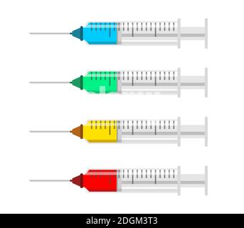 Un set di siringhe con diversi liquidi e farmaci. Icone delle siringhe in stile piatto con medicina blu, rossa e verde. Illustrazione Vettoriale