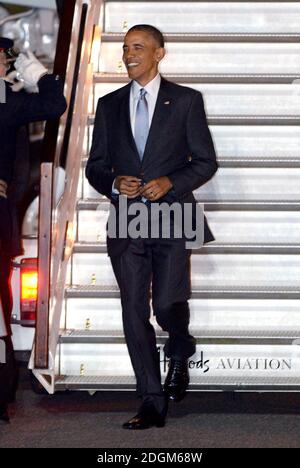 Il presidente degli Stati Uniti Barack Obama arriva nel Regno Unito su Air Force One all'aeroporto Stansted di Londra, Essex. Foto Stock