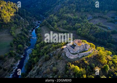 Francia, alta Loira (43), Goudet, castello di Beaufort costruito intorno al 1200, Valle della Loira (vista aerea) Foto Stock