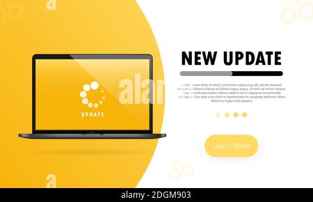 Nuovo aggiornamento per notebook. Processo di installazione nella schermata del monitor. Vettore su sfondo bianco isolato. EPS 10. Illustrazione Vettoriale