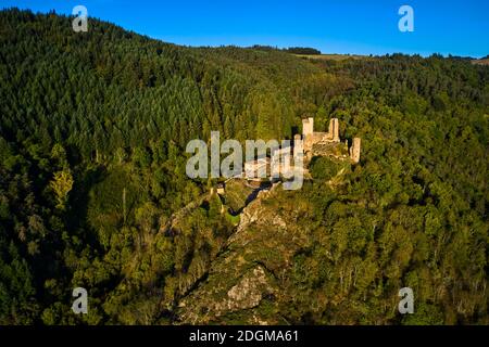 Francia, alta Loira (43), Bas-en-Basset, Castello di Rochebaron, Valle della Loira, (vista aerea) Foto Stock