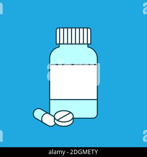 Flacone per pillola con pillola e compressa. Integratori alimentari, vitamine. Farmaci, trattamento, farmaci, concetto antidolorifico. Icona a colori su sfondo blu. Vettore Illustrazione Vettoriale