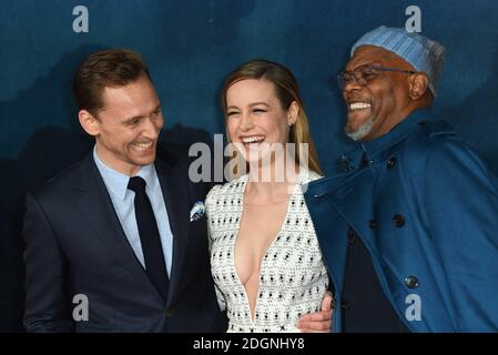 Tom Hiddleston, Brie Larson e Samuel L. Jackson frequentano la prima europea di Kong: Skull Island, tenutasi a Cineworld Empire Leicester Square, Londra. Foto data martedì 28 febbraio 2017. Il credito immagine dovrebbe essere Doug Peters/EMPICS Entertainment. Foto Stock