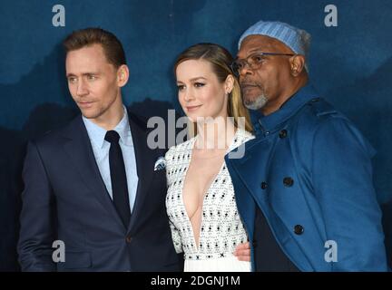 Tom Hiddleston, Brie Larson e Samuel L. Jackson frequentano la prima europea di Kong: Skull Island, tenutasi a Cineworld Empire Leicester Square, Londra. Foto data martedì 28 febbraio 2017. Il credito immagine dovrebbe essere Doug Peters/EMPICS Entertainment. Foto Stock