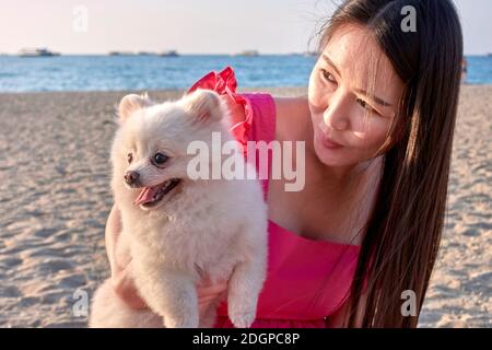 Cane di Pomerania in spiaggia con la proprietaria di una donna. Thailandia Sud-est asiatico Foto Stock