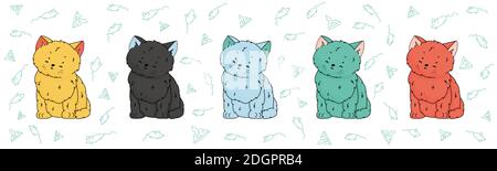 Gialle, verdi, rosa, blu, grigi gattini o gatti disegnati a mano e seduti e sognando, gli occhi sono chiusi. Topi e formaggi sono su sfondo bianco Illustrazione Vettoriale