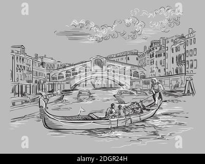 Disegno a mano vettoriale illustrazione del Ponte di Rialto sul Canal Grande a Venezia. Skyline di Venezia schizzo disegnato a mano in colori monocromatici isolati su g Illustrazione Vettoriale