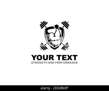 Logo fitness gym con design a mano forte e simbolo di barbell Illustrazione Vettoriale