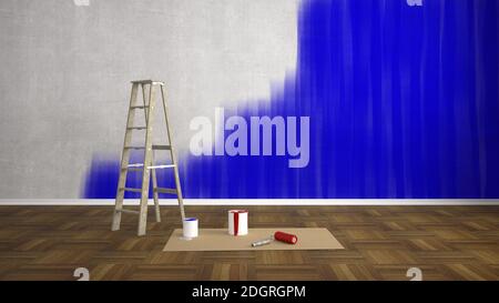 Soggiorno vuoto ristrutturato con scaletta - Illustrazione 3D Foto Stock