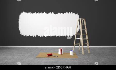 Soggiorno vuoto ristrutturato con scaletta - Illustrazione 3D Foto Stock