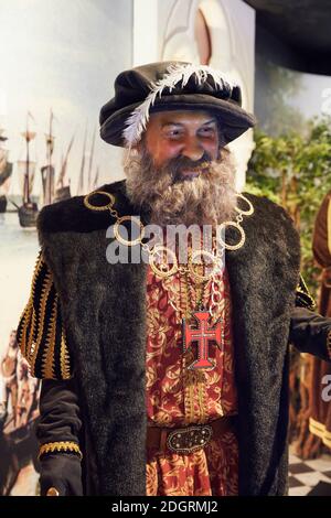 Figura storica di Vasco da Gama nel Museo delle cere delle scoperte portoghesi, Lagos, Algarve, Portogallo Foto Stock