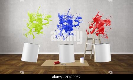 Soggiorno vuoto ristrutturato con scaletta - Illustrazione 3D Foto Stock