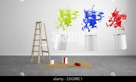 Soggiorno vuoto ristrutturato con scaletta - Illustrazione 3D Foto Stock