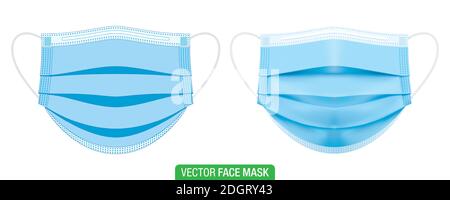 Maschera chirurgica per il viso, illustrazione vettoriale. Set di maschere protettive mediche blu, in forma piatta e grafica 3D, isolate su bianco. Maschera di protezione da coronavirus con supporto per l'orecchio, vista frontale. Illustrazione Vettoriale