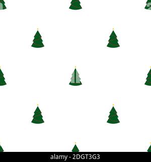 Seamless pattern with green christmas trees with lights on white background. Abstract wallpaper,wrapping decoration. Merry Christmas holiday, Happy Ne Foto Stock
