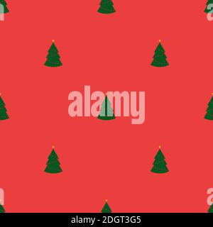 Motivo senza cuciture con alberi di natale verdi con luci su sfondo rosso. Carta da parati astratta, decorazione di avvolgimento. Buon Natale, Felice nuovo Foto Stock