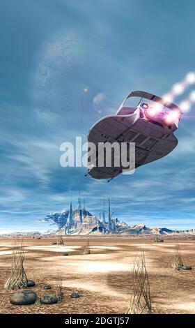 La futuristica navicella spaziale da combattimento Scifi che sorvola la superficie di un pianeta alieno, il rendering 3d. Foto Stock